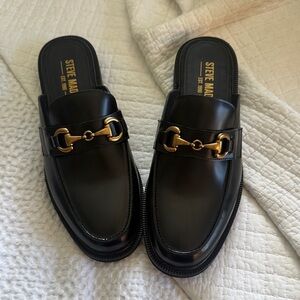 Steve Madden Black Leather Slip-On Loafer with Gold Horsebit